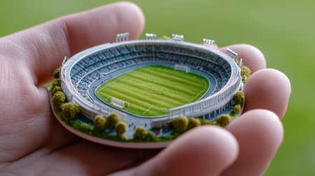 A miniature soccer stadium in a persons hand with grass, AIの素材