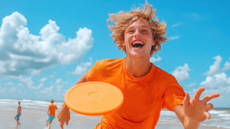 A young man in an orange shirt playing with a frisbee on the beach, AIの素材