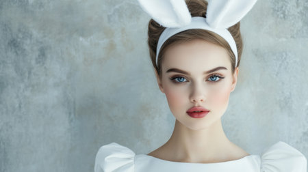 A woman with bunny ears and a white dress, AIの素材