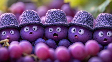 A group of purple grapes with googly eyes and hats, AIの素材
