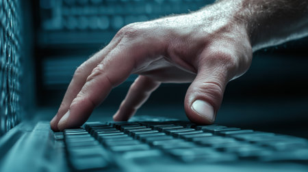 A close up of a mans hand on the keyboard of his computer, AIの素材