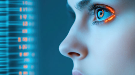 A close up of a womans face with glowing eyes, AIの素材