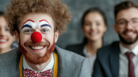A man with a clown nose and red hair smiling at the camera, AIの素材