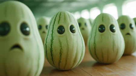 A row of watermelons with eyes and mouths are lined up, AIの素材