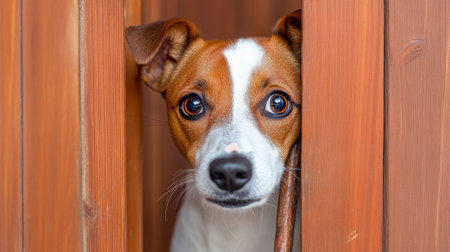 A dog peeking out of a wooden door with his head sticking through, AIの素材