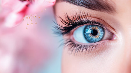 A close up of a womans eye with blue iris and flower, AIの素材
