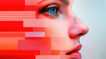A womans face with a blue window in the middle of it, AIの素材
