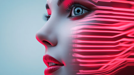 A close up of a womans face with glowing red lights, AIの素材