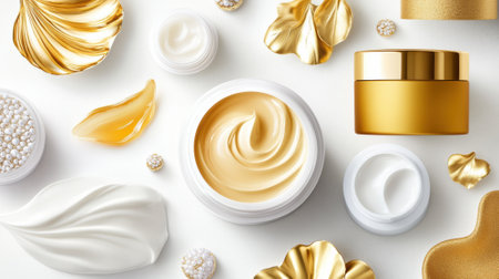 A bunch of different types of cosmetics and lotions on a white surface, AIの素材