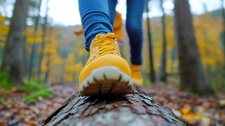 A person wearing yellow shoes walking on a log in the woods, AIの素材