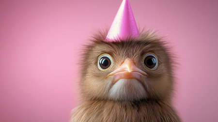 A bird with a pink party hat on its head, AIの素材
