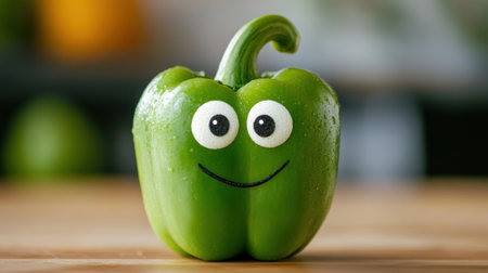 A green pepper with eyes and a smiley face on it, AIの素材