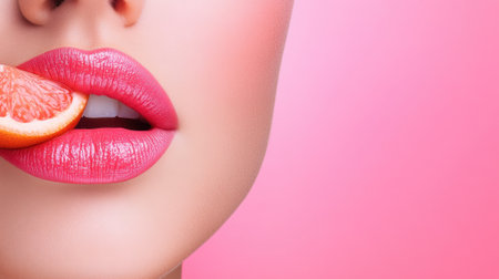A woman with bright pink lips and a grapefruit in her mouth, AIの素材