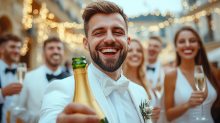 A man in a white suit holding up his bottle of champagne, AIの素材