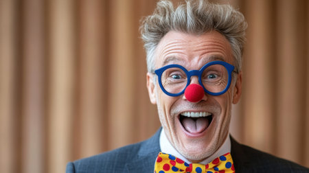 A man with a clown nose and red glasses wearing a bow tie, AIの素材