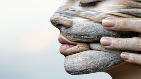 A woman with her face covered in rocks and water, AIの素材