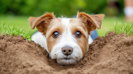 A dog laying in the dirt with its head sticking out, AIの素材