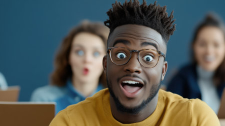 A man with glasses and a smile in front of people, AIの素材