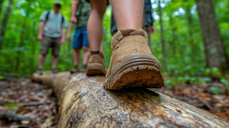 A group of people walking on a log in the woods, AIの素材
