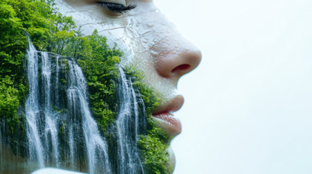 A woman with a waterfall in her face and trees, AIの素材