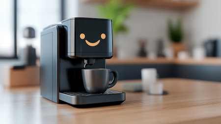 A coffee maker with a smiley face on the front of it, AIの素材