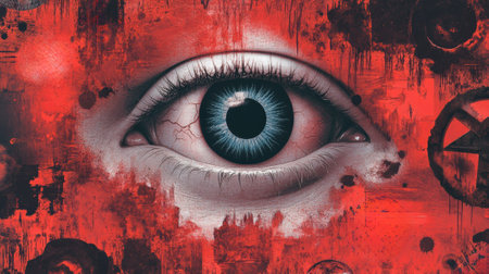 A painting of a blue eye with red and black paint, AIの素材