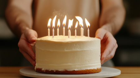 A person holding a cake with lit candles on top, AIの素材