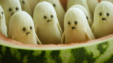 A group of white ghosts are sitting in a watermelon, AIの素材