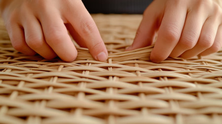 A person is cutting a piece of woven material with scissors, AIの素材