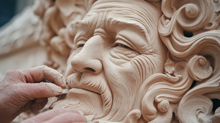 A man is sanding a sculpture of an old bearded face, AIの素材