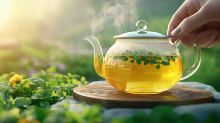 A person pouring tea into a glass teapot on top of some leaves, AIの素材