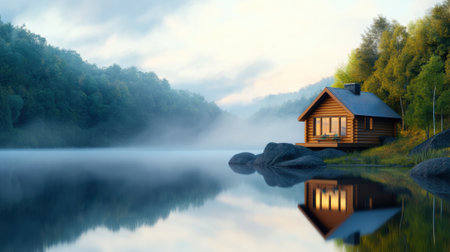 A small cabin on a lake surrounded by trees and water, AIの素材
