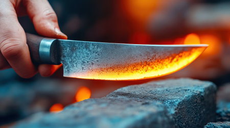A person holding a knife with flames coming out of it, AIの素材