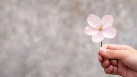 A person holding a pink flower in their hand against gray background, AIの素材