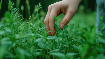A person picking a leaf from the grass in front of them, AIの素材