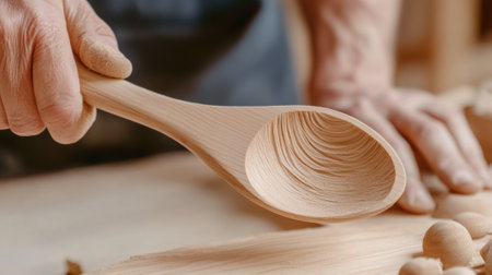 A person is holding a wooden spoon over some wood, AIの素材