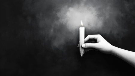 A hand holding a lit candle in front of black and white background, AIの素材