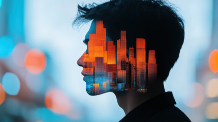 A man with a city skyline in his face, AIの素材