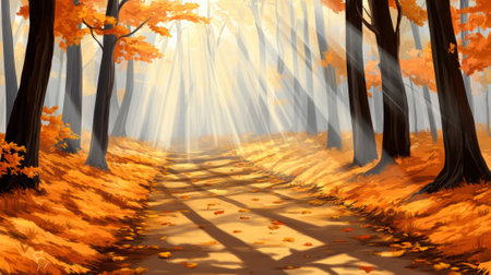 A painting of a path through the woods with trees and leaves, AIの素材