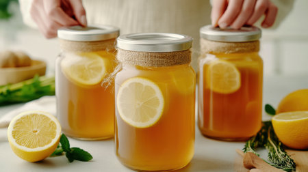 A person holding a jar of lemonade with slices in it, AIの素材