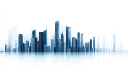 A city skyline with buildings in blue and white, AIの素材