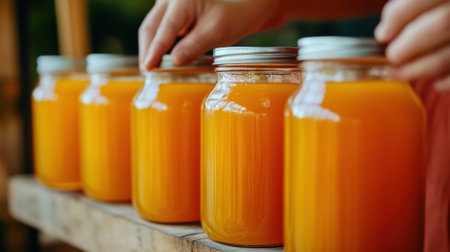 A person is filling up a jar with orange juice, AIの素材