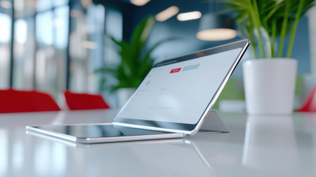 A laptop computer sitting on a table with potted plants, AIの素材