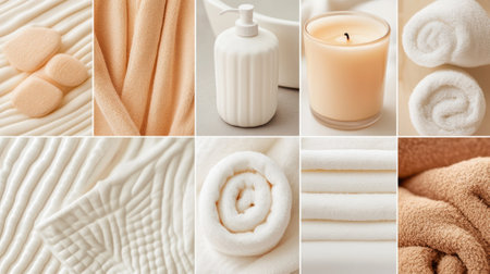 A series of pictures showing different types and colors of towels, AIの素材