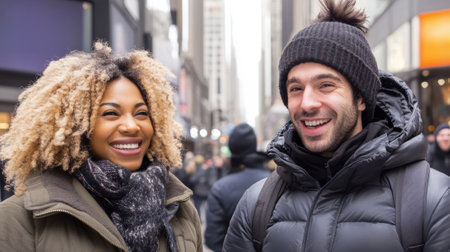 A man and woman smiling while standing in a busy city street, AIの素材
