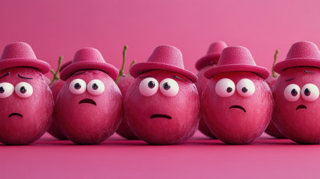 A row of fruit with hats and eyes drawn on them, AIの素材