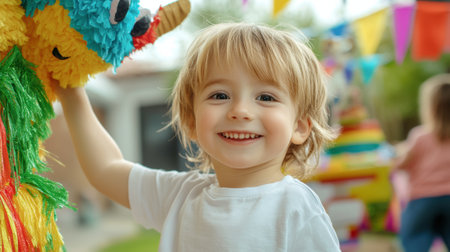 A young child smiling while holding a colorful toy, AIの素材