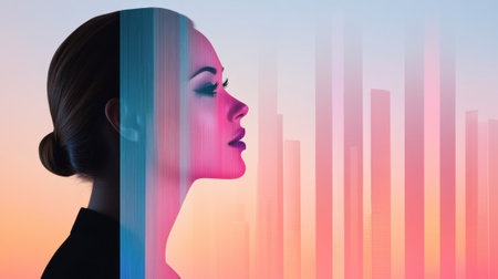 A woman with her eyes closed and a city skyline behind, AIの素材