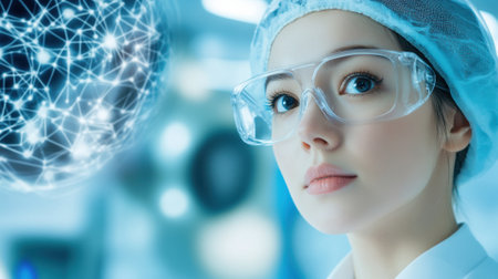 A woman in a lab coat with goggles and glasses, AIの素材