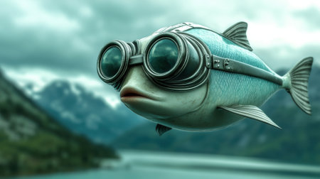 A fish with goggles and a helmet on is swimming in the water, AIの素材